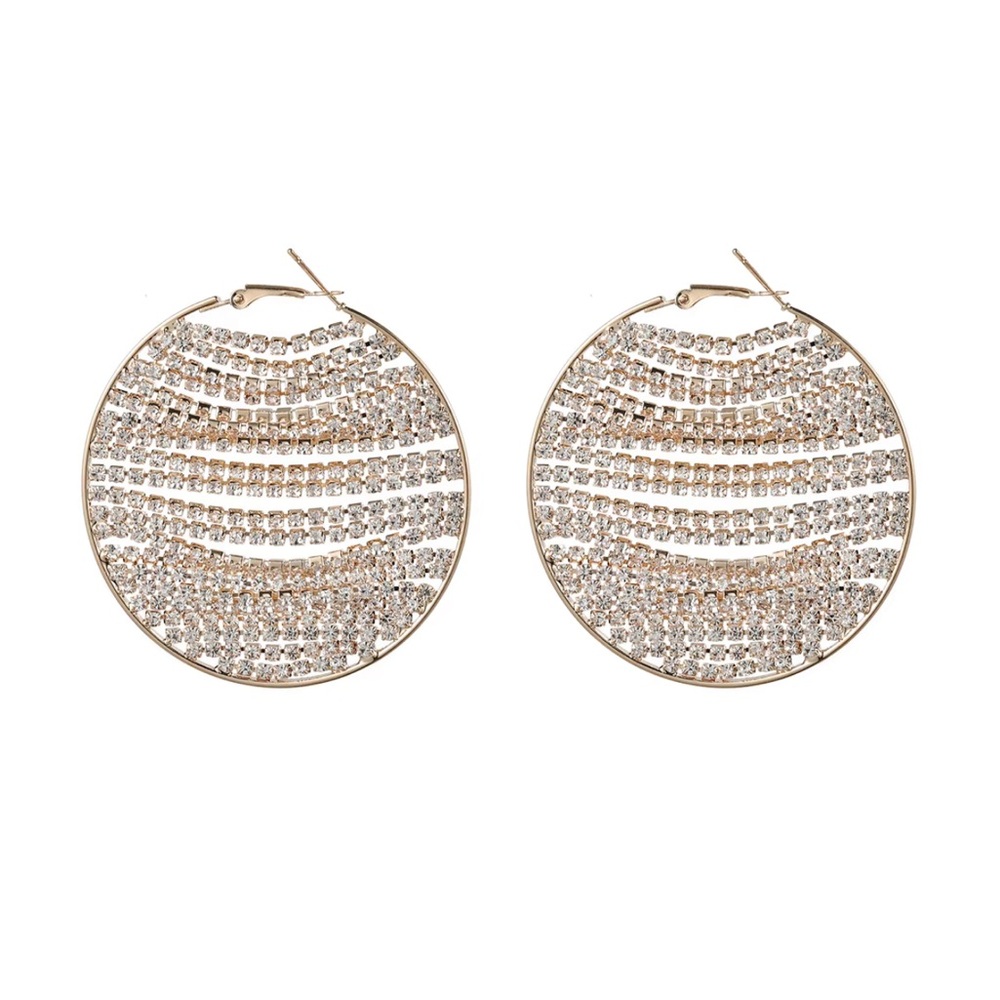 Statement RHINESTONE CHAIN ROUND EARRINGS - GOLDEN NWOT - Picture 2 of 4